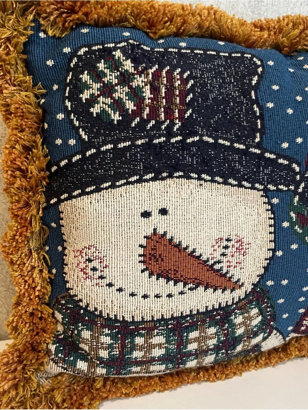 Vintage Tapestry Festive Pillow Snowman Gold Fringe Edging Christmas 17x12 EUC